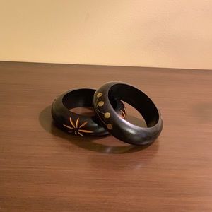Vintage Carved & Inlaid Wood Bangle Bracelets